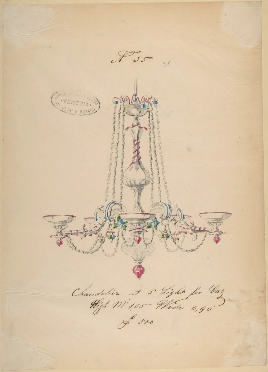 One of Twenty-Three Sheets of Drawings of Glassware (Mirrors, Chandeliers, Goblets, etc.) by Compagnia di Venezia e Murano, drawing, 1850-1880