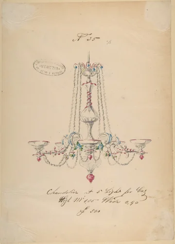 One of Twenty-Three Sheets of Drawings of Glassware (Mirrors, Chandeliers, Goblets, etc.) by Compagnia di Venezia e Murano, drawing, 1850-1880