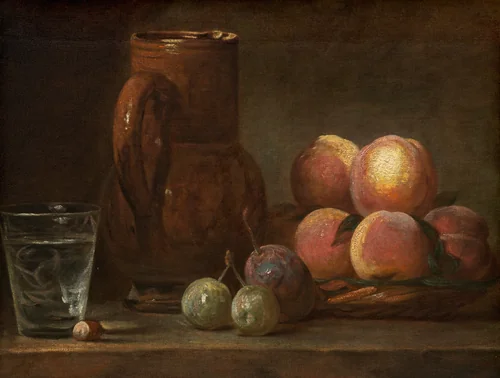 Fruit, Jug, and a Glass by Jean Siméon Chardin, painting, 1726-1728