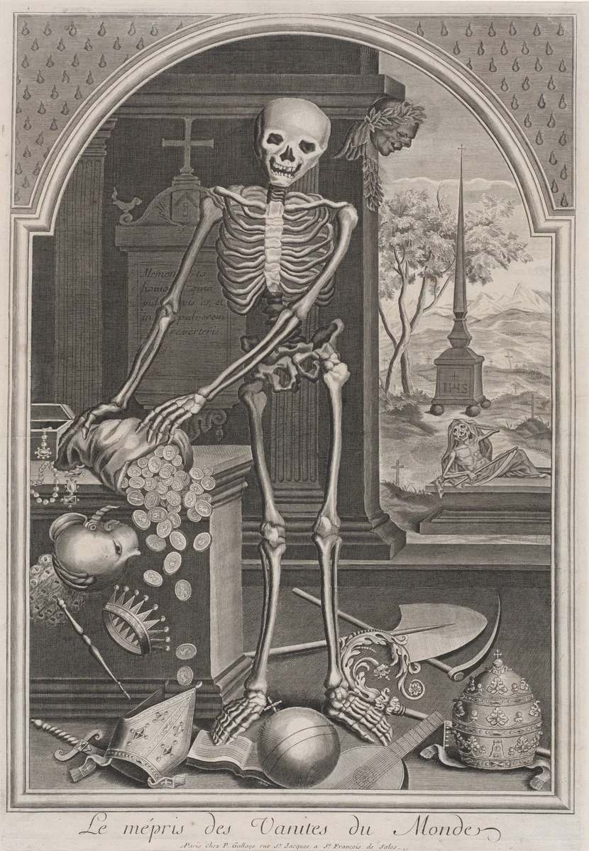 Death with Worldly Vanities by Pierre Gallays, print, 1700-1720