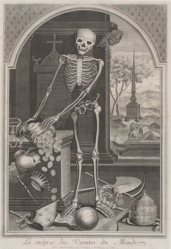 Death with Worldly Vanities by Pierre Gallays, print, 1700-1720