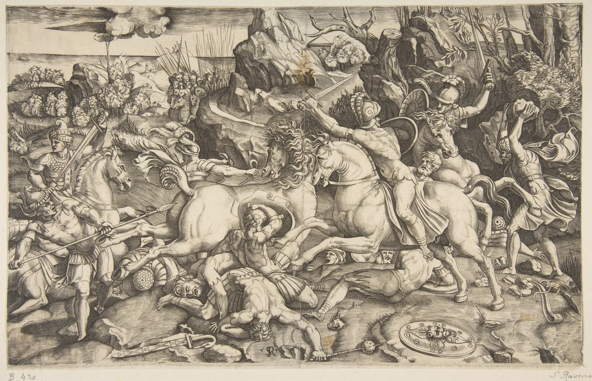 Battle scene in a landscape with soldiers on horseback and several fallen men, another group of riders in the background by Marco Dente, print, 1515-1527
