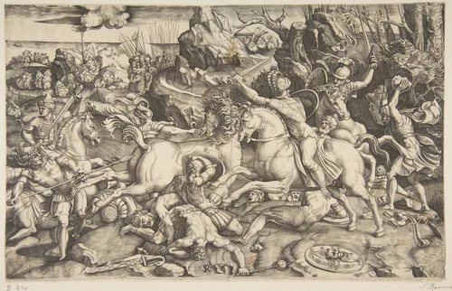 Battle scene in a landscape with soldiers on horseback and several fallen men, another group of riders in the background by Marco Dente, print, 1515-1527