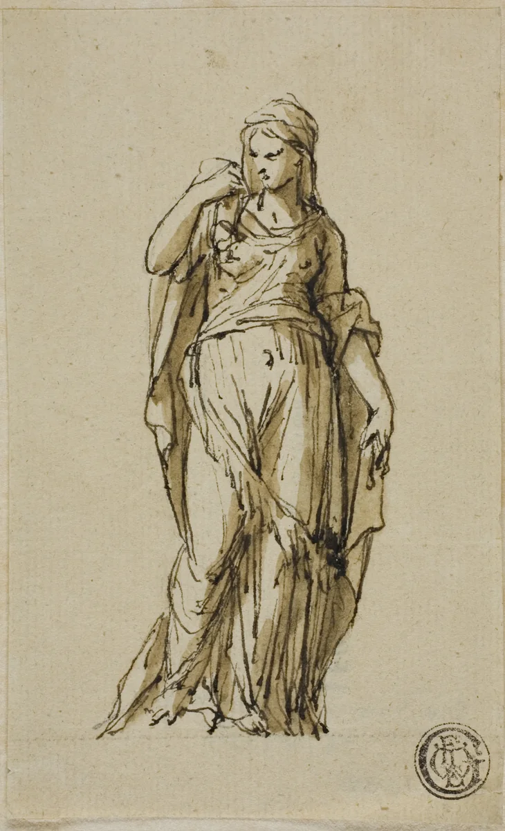Standing Female Figure Turning to the Left by John Michael Rysbrack, drawing, 1713-1770