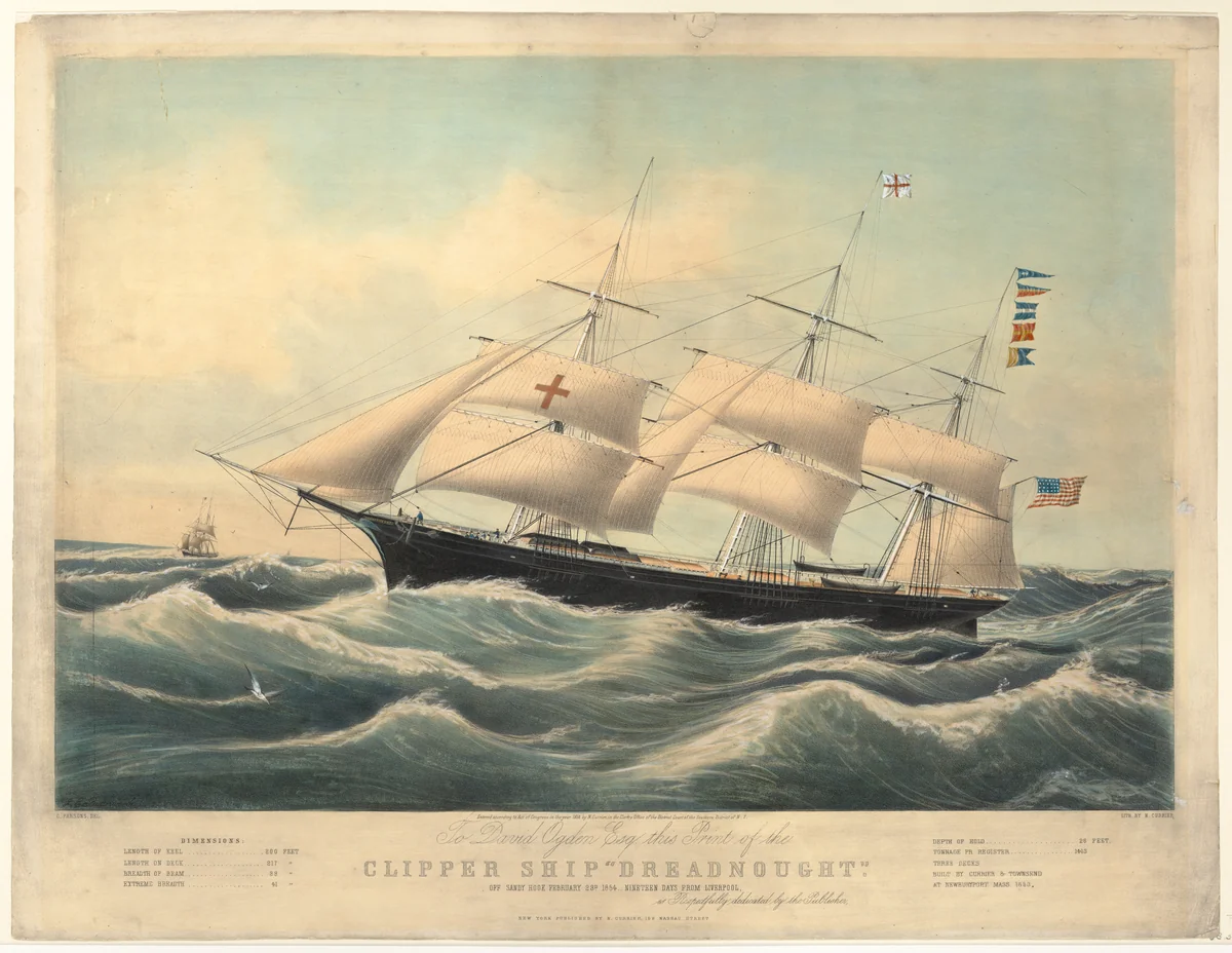Clipper Ship "Dreadnought" off Sandy Hook, February 23, 1854, nineteen days from Liverpool by James E. Buttersworth, print, 1854