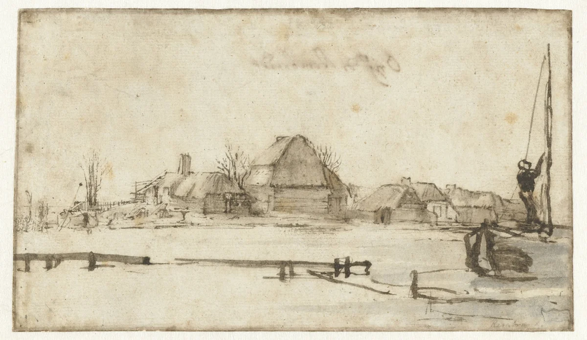 Winter View with a Waterway, Cottages and Two Boats by Rembrandt van Rijn, drawing, 1650