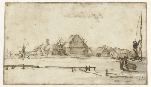 Winter View with a Waterway, Cottages and Two Boats by Rembrandt van Rijn, drawing, 1650