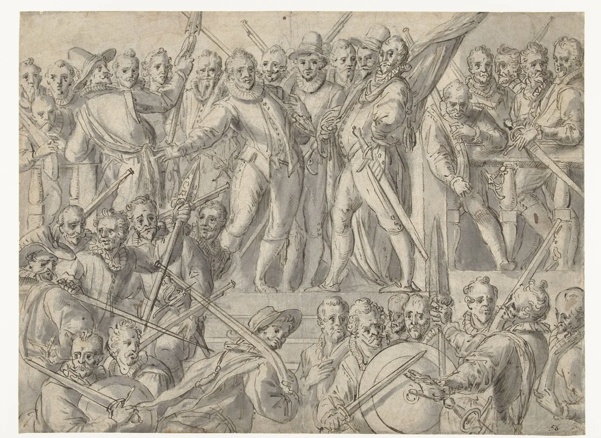Schutterij bestaande uit achtendertig man by Cornelis Ketel, drawing, 1558-1616