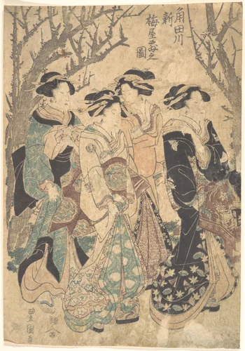 Four Women Passing a Group of Trees by Utagawa Toyokuni, print, 1769-1825