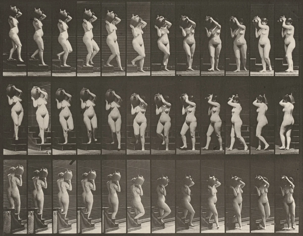 Plate Number 147. Descending stairs and turning with a water jar on right shoulder by Eadweard Muybridge, photograph, 1887