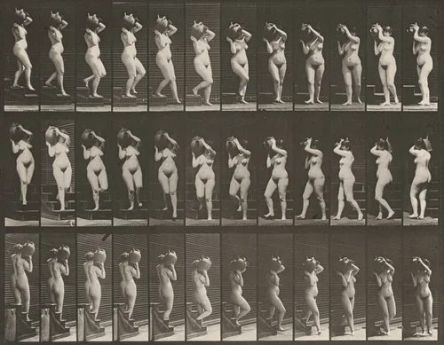 Plate Number 147. Descending stairs and turning with a water jar on right shoulder by Eadweard Muybridge, photograph, 1887