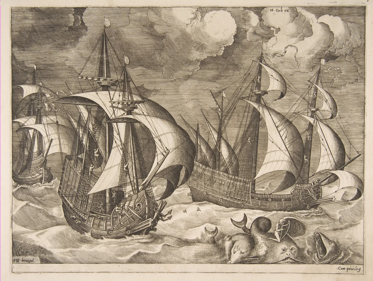 Three Caravels in a Rising Squall with Arion on a Dolphin from The Sailing Vessels by Pieter Bruegel, print, 1561-1565