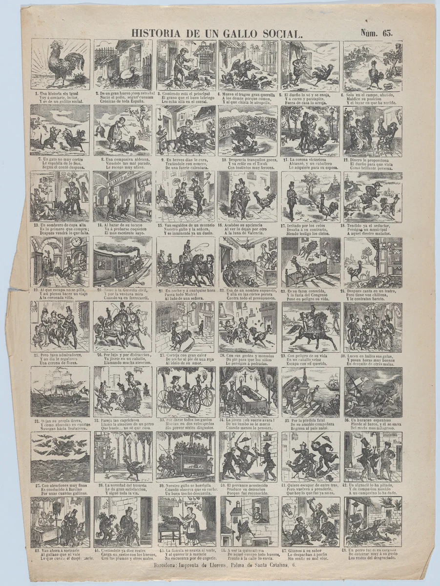 Broadside with 48 scenes telling the story of the chicken (social advancement and decline) by Juan Llorens, print, 1855-1865