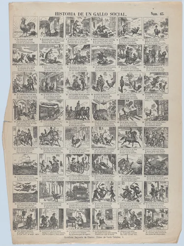 Broadside with 48 scenes telling the story of the chicken (social advancement and decline) by Juan Llorens, print, 1855-1865