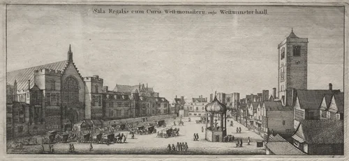Views of London: New Palace Yard with Westminster Hall, and the Clock House by Wenceslaus Hollar, print, 1647