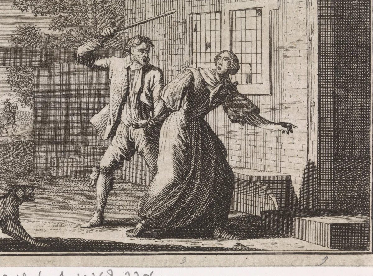 Man ontvangt zijn vrouw thuis met stokslagen by Caspar Luyken, print, 1704