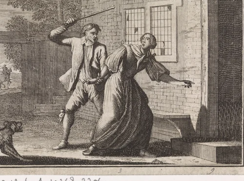 Man ontvangt zijn vrouw thuis met stokslagen by Caspar Luyken, print, 1704