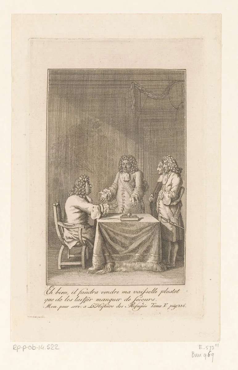 Minister Grumbkow en Gaultier vertellen Friedrich Wilhelm dat de staatskas leeg is by Daniel Nikolaus Chodowiecki, print, 1786