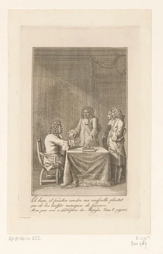 Minister Grumbkow en Gaultier vertellen Friedrich Wilhelm dat de staatskas leeg is by Daniel Nikolaus Chodowiecki, print, 1786