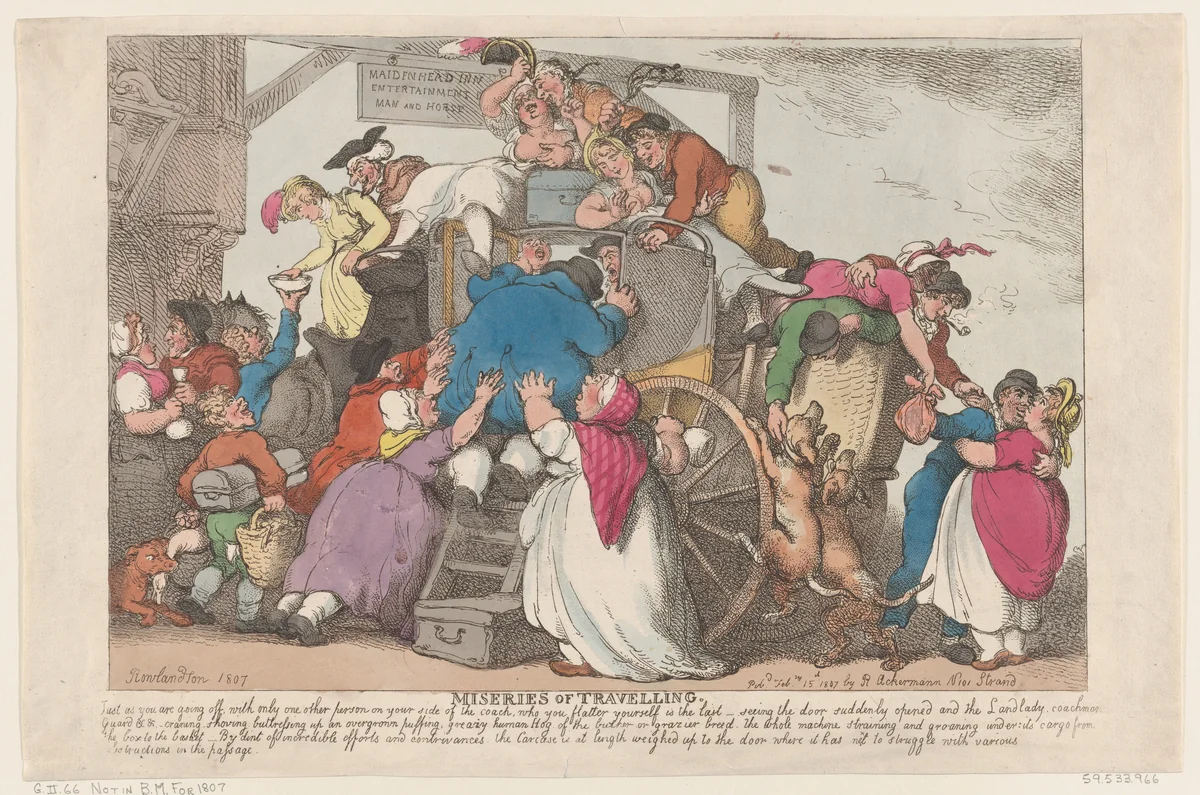 Miseries of Travelling: the Overloaded Coach by Thomas Rowlandson, print, 1807