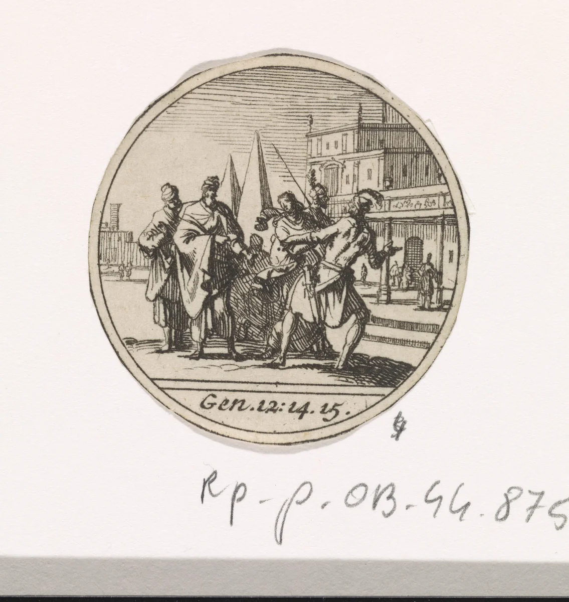 Sara wordt door de soldaten van de farao van Egypte meegenomen by Jan Luyken, print, 1700