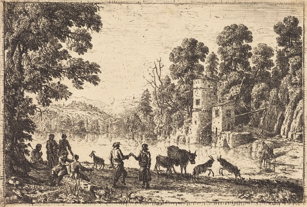 The Dance on the River Bank (La danse au bord de l'eau) by Claude Lorrain, print, 1634