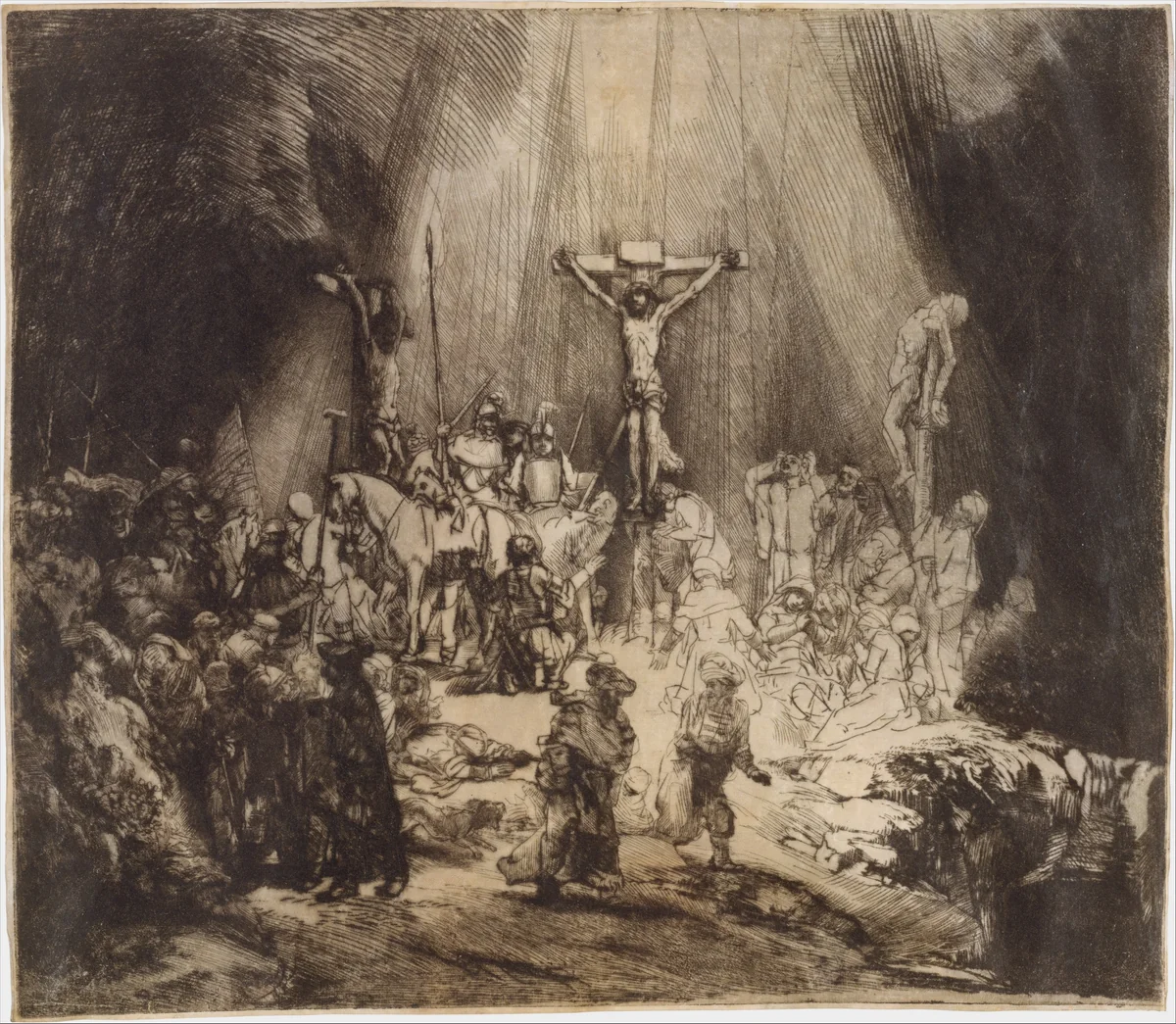 Christ Crucified between the Two Thieves: The Three Crosses by Rembrandt van Rijn, print, 1653