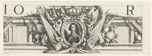 Beleg van La Rochelle, september 1627-oktober 1628 (randwerk, deel middenboven) by Michel Lasne, print, 1628-1631