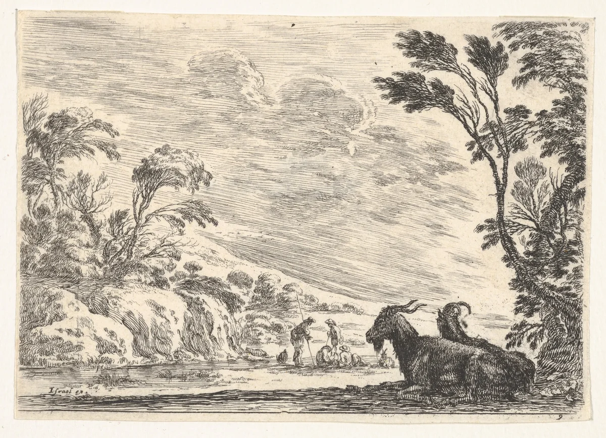 Plate 9: Two goats resting to right, turned towards the left, four men and a horse in a river in the background, from "Various Figures" (Agréable diversité de figures) by Stefano della Bella, print, 1642