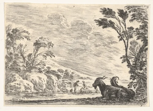 Plate 9: Two goats resting to right, turned towards the left, four men and a horse in a river in the background, from "Various Figures" (Agréable diversité de figures) by Stefano della Bella, print, 1642