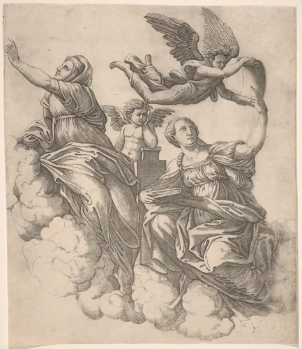 Two Sibyls and an Angel by Giovanni Antonio da Brescia; Raphael, print, 1520-1530