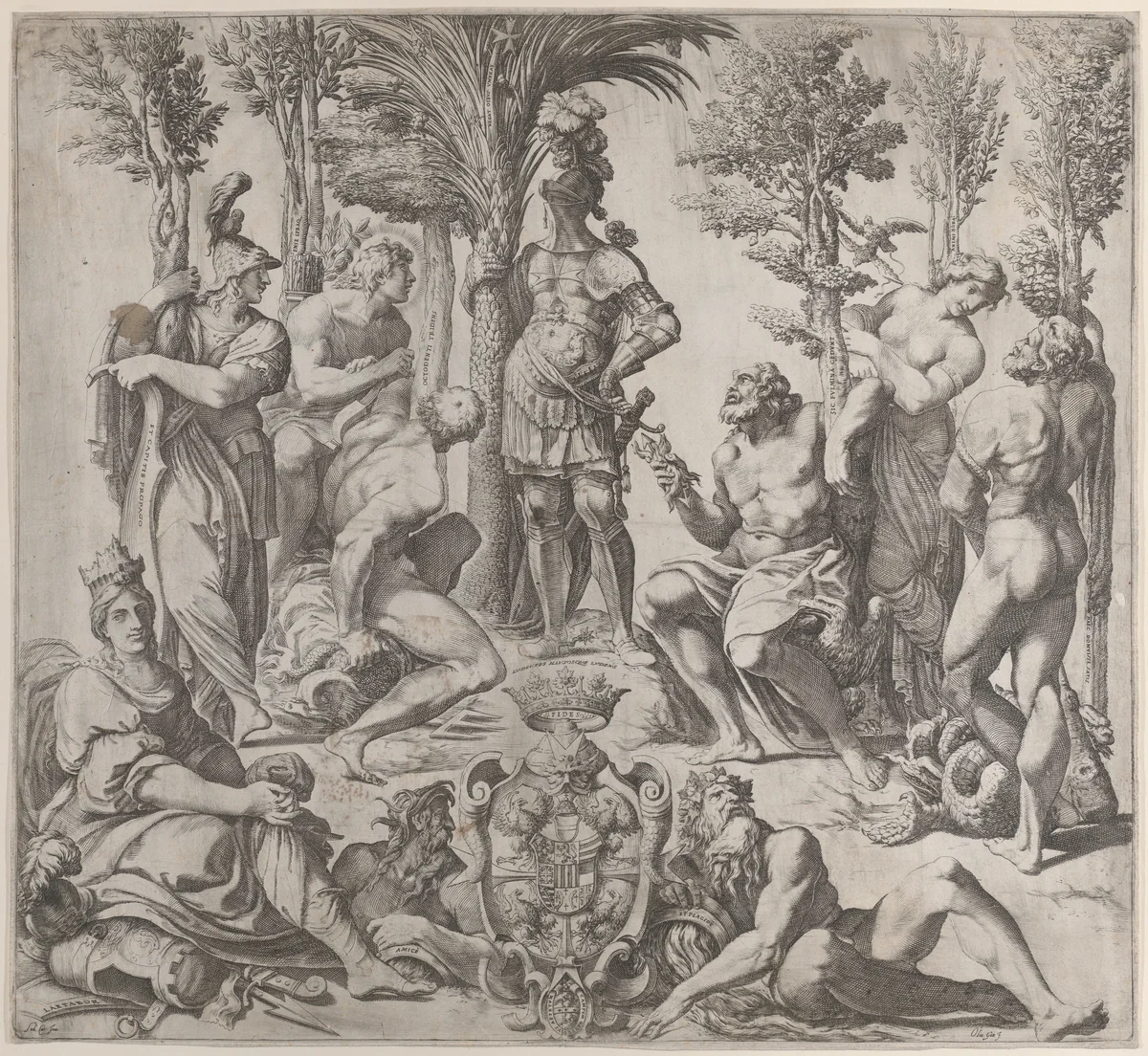 Allegorical composition with six Olympian gods gathered around a figure in armor by Oliviero Gatti, print, 1615-1635