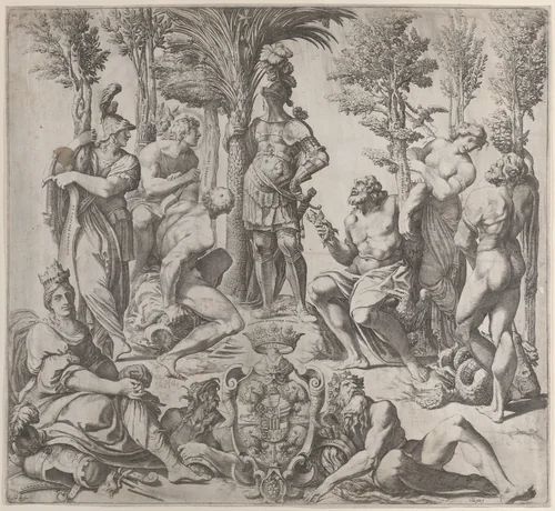Allegorical composition with six Olympian gods gathered around a figure in armor by Oliviero Gatti, print, 1615-1635