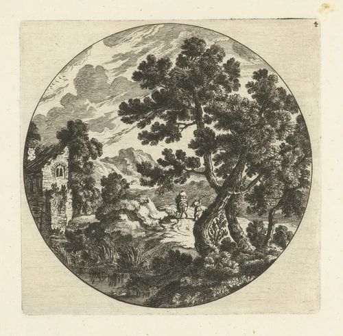 Zuidelijk landschap met bomen en figuren op weg bij vervallen huis in rond kader by Cornelis Danckerts, print, 1613-1656