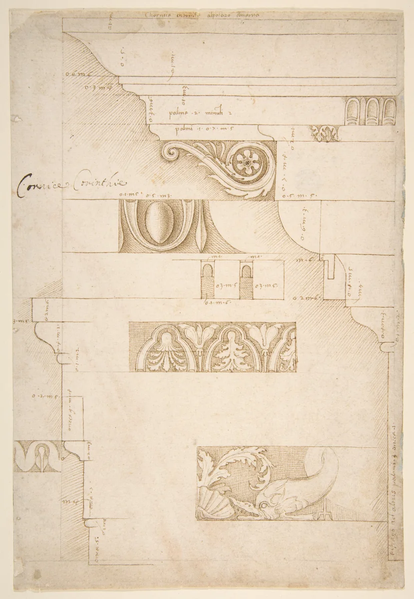 Architectural Study: The Measured Profiles of the Cornice and Entablature of the "Colonnacce" from the Forum Transitorium (the "Palace of Nerva") by Sangallo family, drawing, 1500-1520