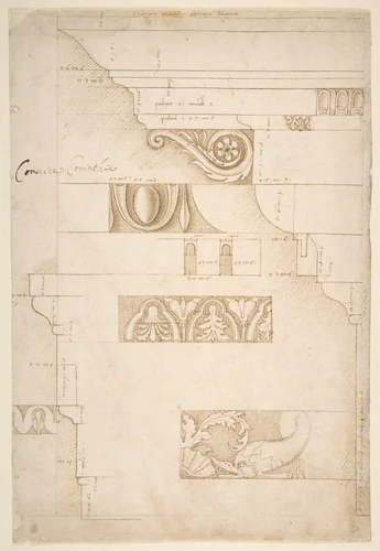 Architectural Study: The Measured Profiles of the Cornice and Entablature of the "Colonnacce" from the Forum Transitorium (the "Palace of Nerva") by Sangallo family, drawing, 1500-1520