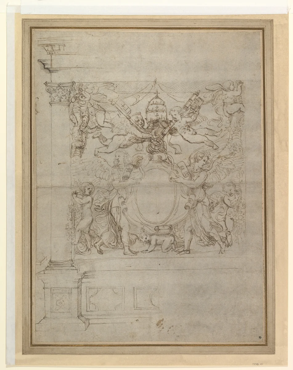 A Tabernacle Containing a Papal Escutcheon Supported by Angels by Giulio Romano, drawing, 1533-1545