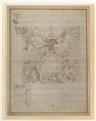 A Tabernacle Containing a Papal Escutcheon Supported by Angels by Giulio Romano, drawing, 1533-1545