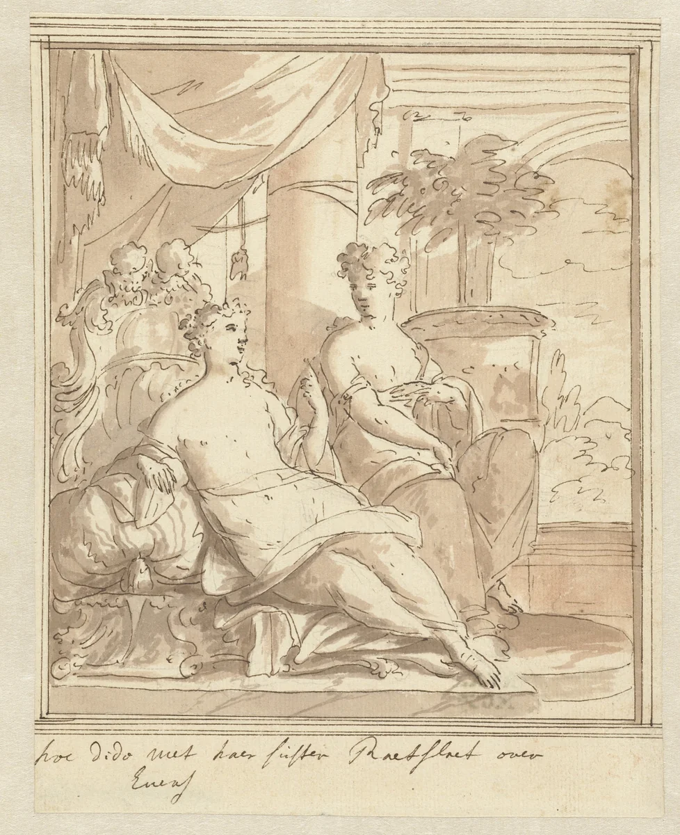 Dido spreekt met haar zuster Anna over Aeneas by Mattheus Terwesten, drawing, 1600-1604