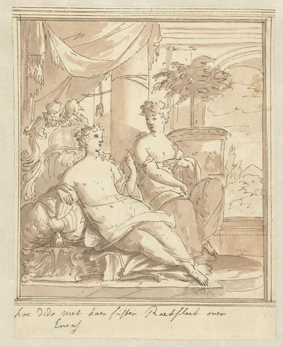 Dido spreekt met haar zuster Anna over Aeneas by Mattheus Terwesten, drawing, 1600-1604