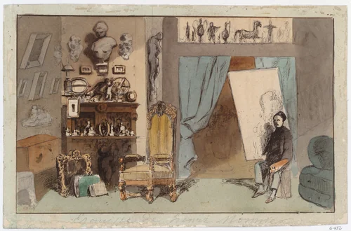The Painter's Studio by Henry Bonaventure Monnier, drawing, 1855