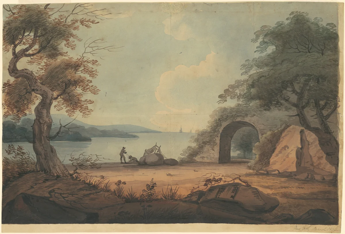 Mending Nets on the Hudson River, New York by Archibald Robertson, drawing, 1804