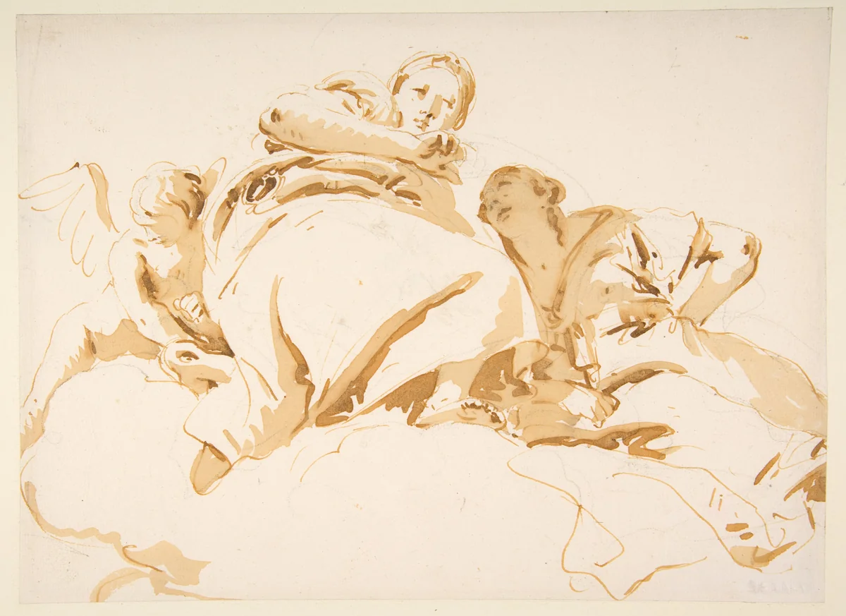 Two Women and a Winged Boy on Clouds by Giovanni Battista Tiepolo, drawing, 1696-1770