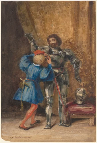 Goetz von Berlichingen Being Dressed in Armor by His Page George by Eugène Delacroix, drawing, 1826-1827
