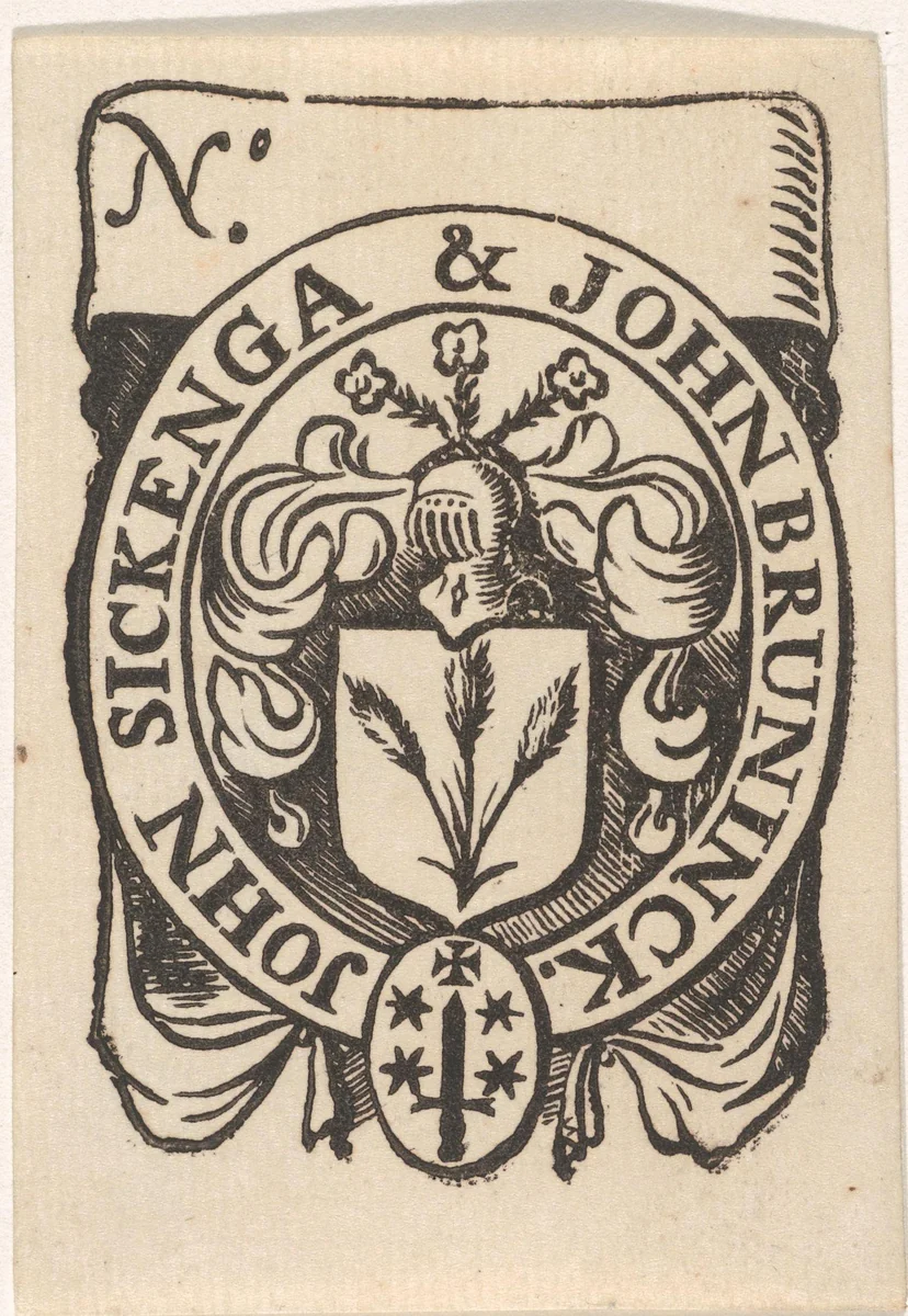 Handelsetiket van John Sickenga & John Bruninck by Isaac Vincentsz. van der Vinne, print, 1681-1740