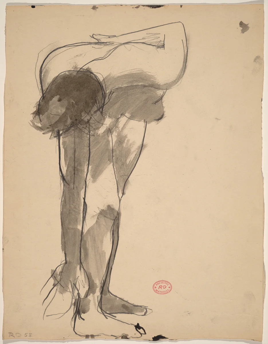 Untitled [standing female nude reaching down with her right hand] by Richard Diebenkorn, drawing, 1958