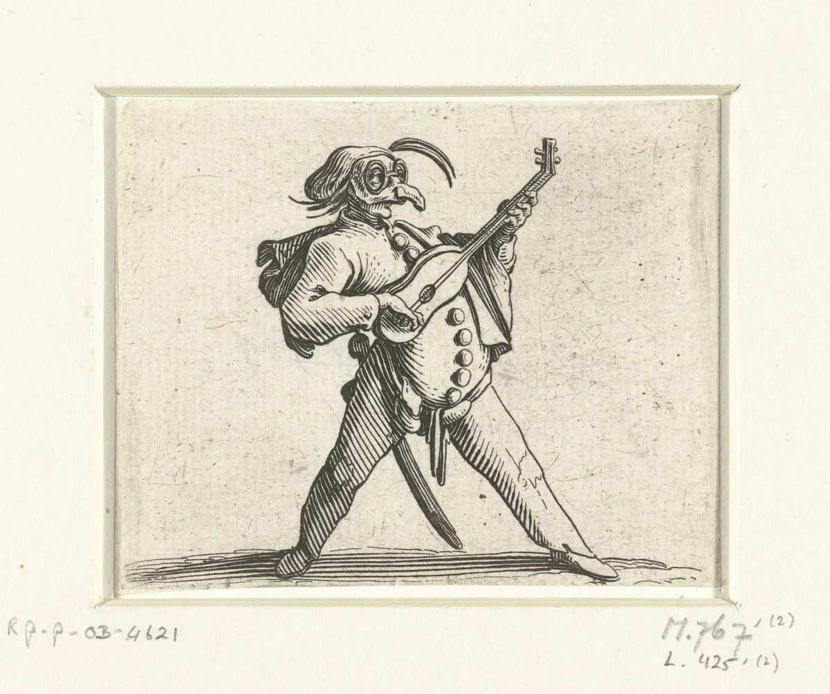 Commedia dell'arte-figuur met gitaar, zwaard en masker by Jacques Callot, print, 1621-1625