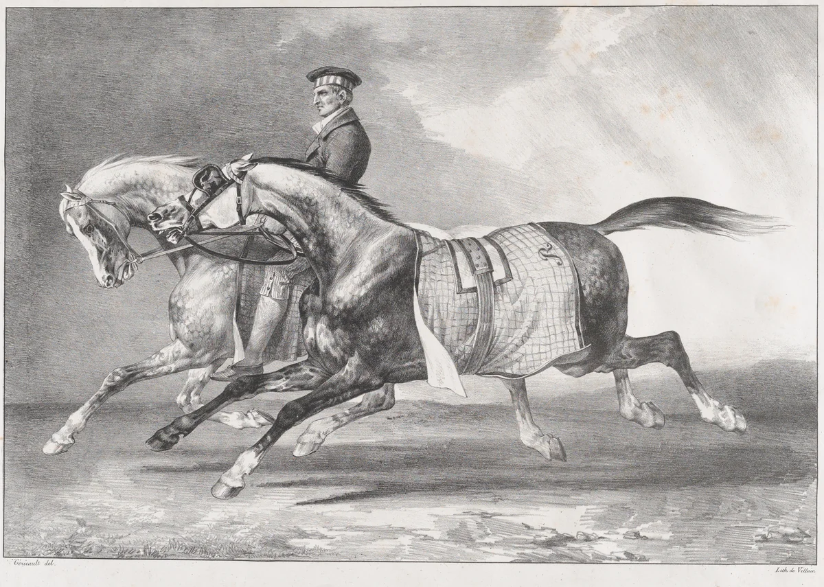 Two Dappled-Grey Horses Being Exercised by Théodore Gericault, print, 1822