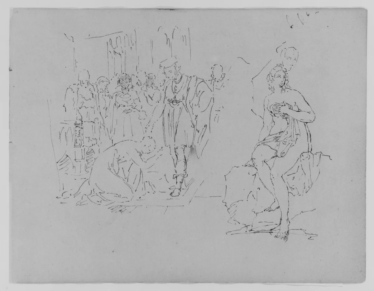 Woman Prostrate Before a Nobleman; Nude Bather Seated on a Rock (Diana?) (from Sketchbook) by Thomas Sully, artwork, 1810-1820