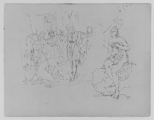 Woman Prostrate Before a Nobleman; Nude Bather Seated on a Rock (Diana?) (from Sketchbook) by Thomas Sully, artwork, 1810-1820